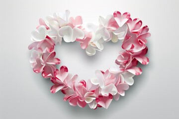 Obraz premium Delicate heart-shaped wreath made of pink and white paper hearts, perfect for decoration. Love, romance, hearts, affection, togetherness, Valentine Day celebration concept