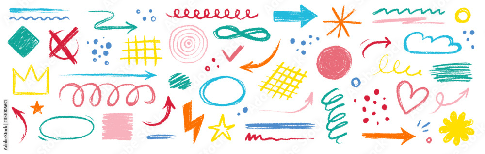 Poster arrow brush line color paint element shape set. crayon abstract doodle color circle, arrow sketch ha