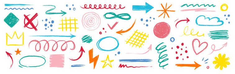 Arrow brush line color paint element shape set. Crayon abstract doodle color circle, arrow sketch hand drawn. Texture crayon brush sketch style shape background. Vector illustration