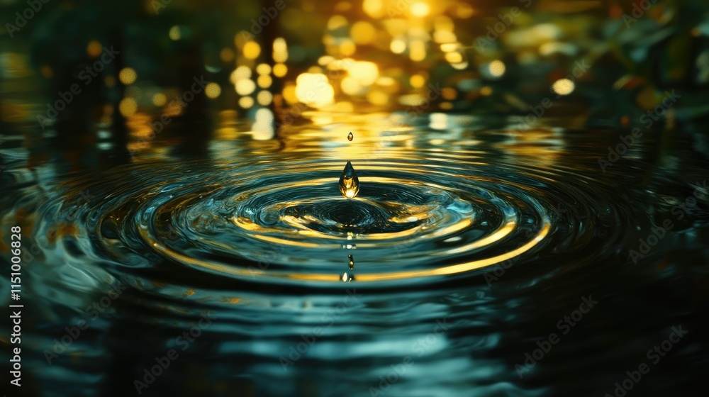 Poster captivating close-up of a water drop falling into a serene pool, creating ripples and reflections in