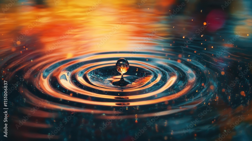 Poster stunning close-up of water drop splashing in calm water surface with spectacular circular ripples an