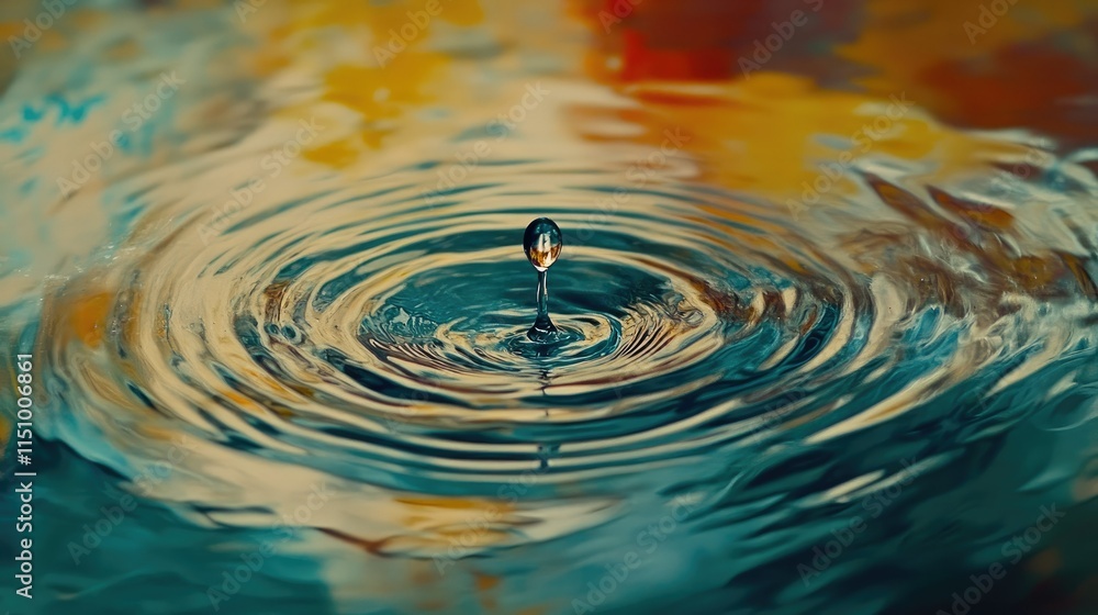 Poster captivating water drop creating ripples in a colorful abstract background, showcasing fluid dynamics