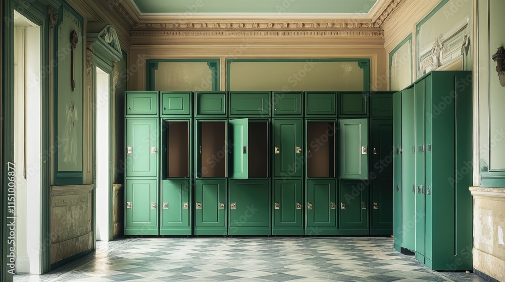 Poster vintage green lockers in an elegant room with intricate architecture and natural light creating a se