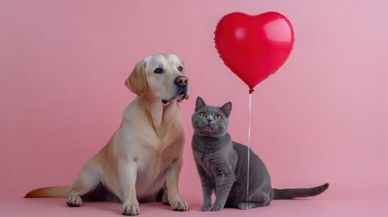 A friendly Labrador dog and a gray cat sit side by side, gazing at a red heart-shaped balloon. Love, romance, hearts, affection, togetherness, Valentine Day celebration concept
