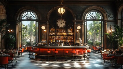 Luxury Bar Interior Design. Elegant Bar with Red Seating. Concept of upscale dining and nightlife.