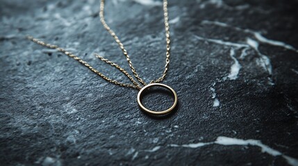 Simple gold circle pendant necklace on dark marble.