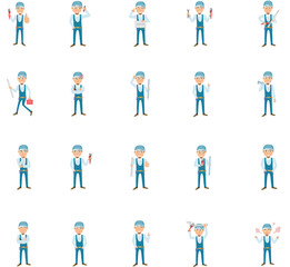 Handyman, repair worker, plumber in uniform. Character constructor for animation. Front, side and back view set. Body parts, postures, poses collection. Vector illustration.