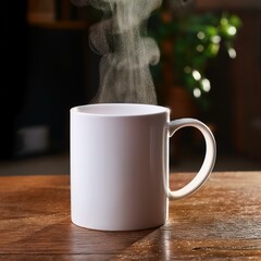 side view of blank empty 11 oz white coffee mug  with steam and darker background