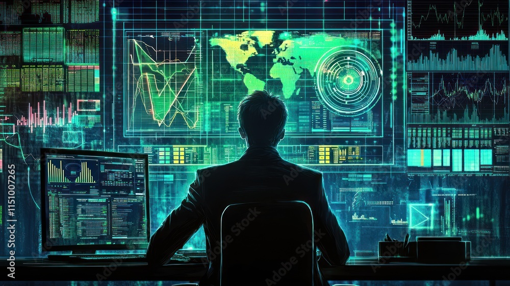 Aufkleber a lone figure analyzes global data streams on multiple screens