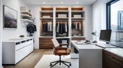 Modern Home Office and Closet Space with Organized Shelving, Stylish Desk, and Comfortable Chair in Bright and Airy Interior Design