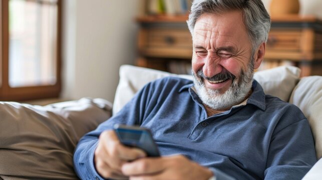 A man relaxes on a couch, laughing as he scrolls through his phone in a sunny living room