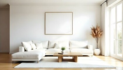 A minimalist living room with a large white sofa, a wooden coffee table, and a framed artwork on the wall