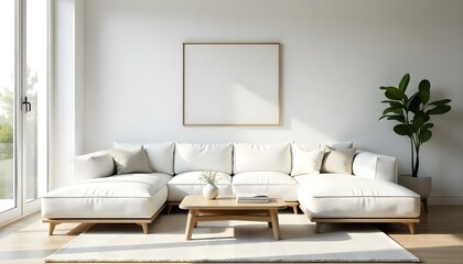 A minimalist living room with a large white sofa, a wooden coffee table, and a framed artwork on the wall