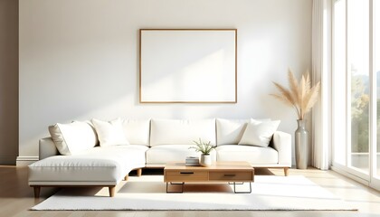 A minimalist living room with a large white sofa, a wooden coffee table, and a framed artwork on the wall