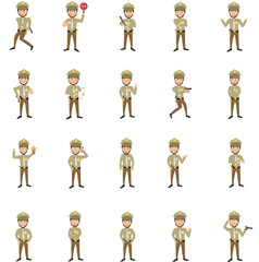 Simple flat police man officer vector character in a set of multiple poses. Easy to edit and isolated on a white background. Modern trendy style character mega pack with lots of poses.