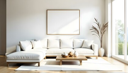 A minimalist living room with a large white sofa, a wooden coffee table, and a framed artwork on the wall