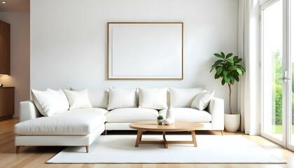 A minimalist living room with a large white sofa, a wooden coffee table, and a framed artwork on the wall