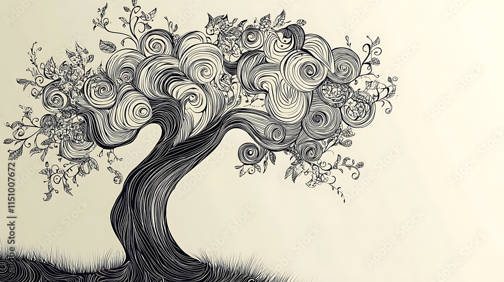 Poster whimsical ink drawing of a stylized tree with swirling branches and leaves.