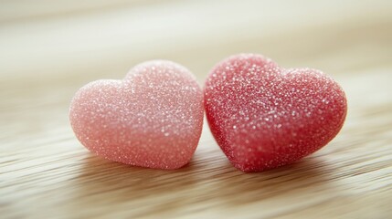 Fototapeta premium Two pink and red hearts rest on a wooden surface, enhancing a romantic and cheerful ambiance