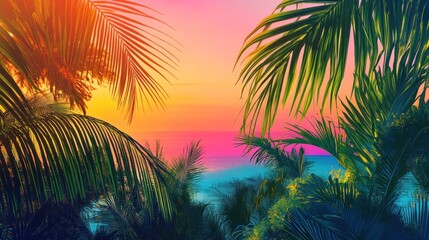 Vibrant Tropical Sunset Scene Palm Leaves Ocean View