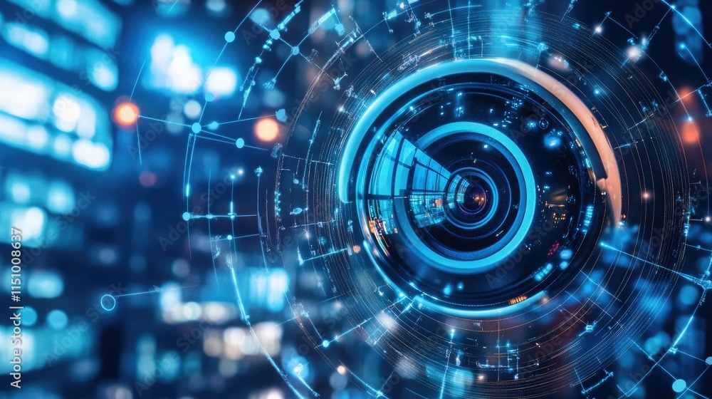 Poster abstract image of a futuristic camera lens surrounded by digital data streams and glowing networks, 