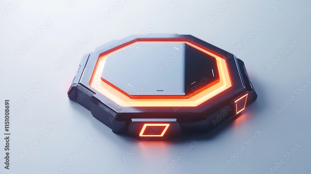 Poster octagonal platform with orange neon lights.