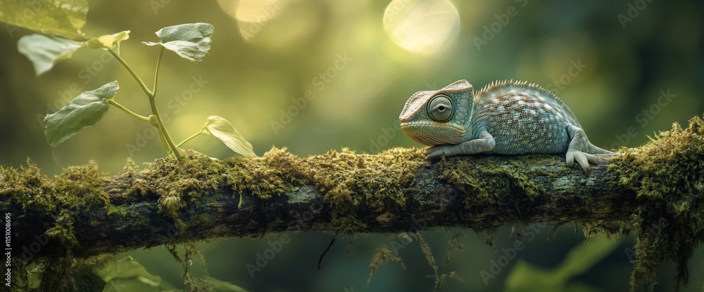 Poster a chameleon-like creature resting on a mossy branch in a lush forest setting.