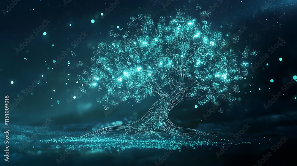 Poster glowing digital tree with intricate roots and branches against a dark background.