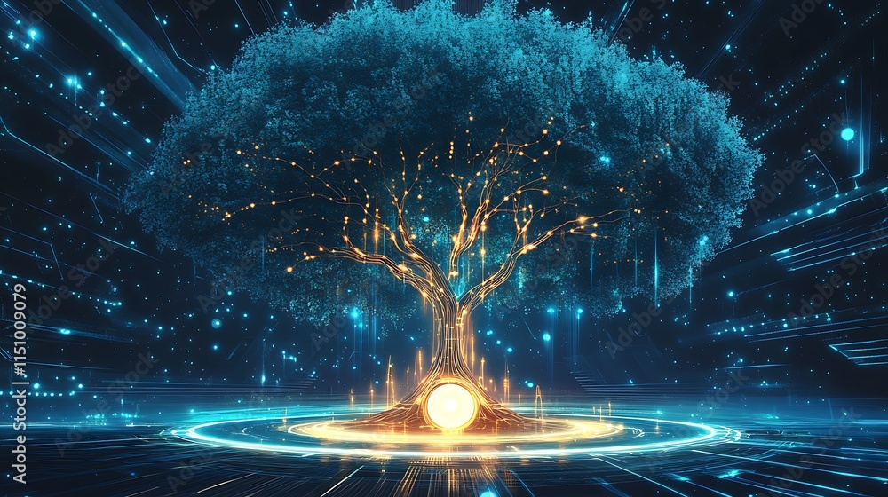 Poster glowing digital tree with gold leaves in a futuristic setting.