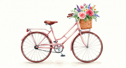 Fototapeta premium Pink Bicycle with Flower Basket Watercolor Illustration Spring Summer Romance