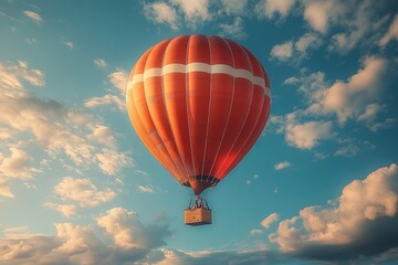 Fototapeta premium Orange hot air balloon floats amidst clouds.