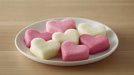 Obraz premium Heart-shaped cookies in red, pink, and white placed on a wooden surface create a festive atmosphere
