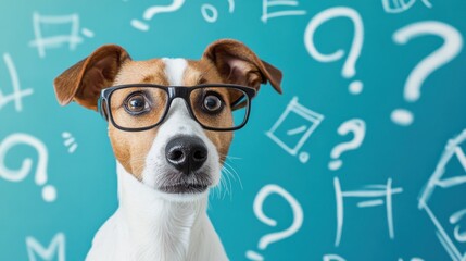 A playful dog wearing glasses looks intrigued, amidst question marks and doodles on blue background
