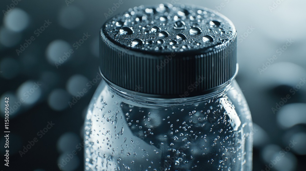 Aufkleber close-up of a jar with water droplets on the lid in a soft focus background, highlighting the textur