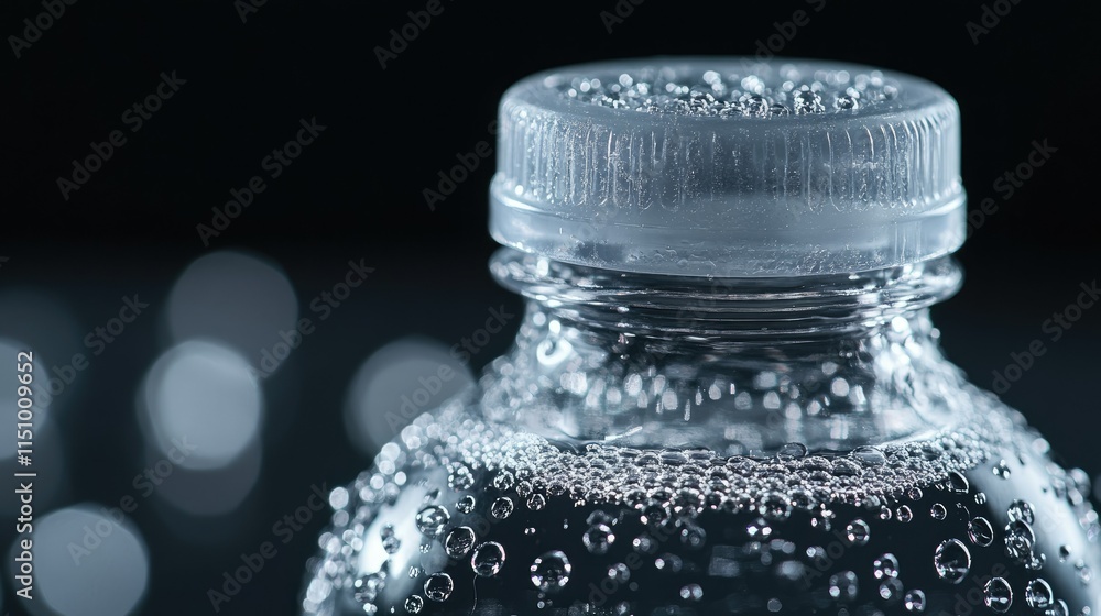 Poster close-up of sparkling water bottle with droplets and reflections captured in a dark background for h