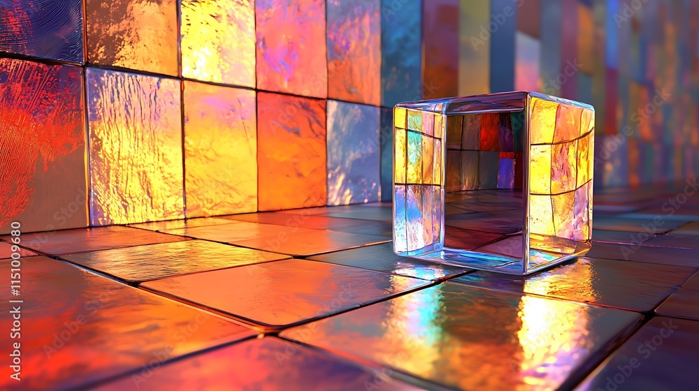 Poster glass cube reflecting colorful tiles