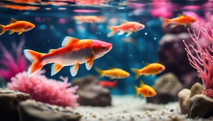 Obraz premium there are many fish swimming in a tank with rocks and plants,