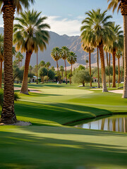 Golf course in California, USA. Beautiful landscape with palm trees and lake.