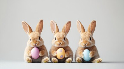 Obraz premium Three cute bunny rabbits sitting in a row, each holding a colorful Easter egg, creating a playful and festive scene.