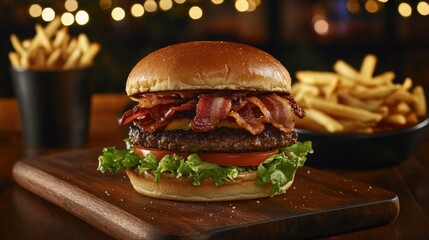 Juicy Bacon Cheeseburger Served with Crispy French Fries on a Rustic Wooden Board with Warmly Lit Background for an Inviting Dining Experience