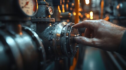 A close-up of a hand rotating a detailed industrial valve, the textured metal surface reflecting dim workshop lighting, pipes and gauges visible in the blurred background, photorealistic details,