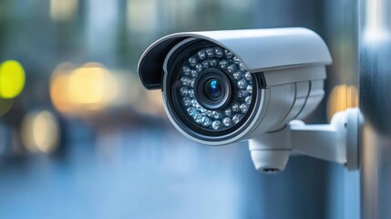 Close-Up View of a Modern Security Camera with Night Vision Capabilities Mounted on a Wall, Ensuring Safety and Surveillance in Urban Environment