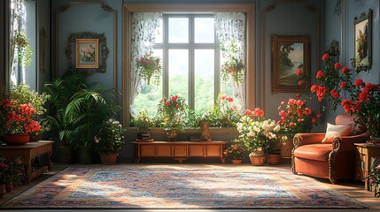 Elegant Room with Sunlight and Flowers. Concept of Cozy Interior Design.