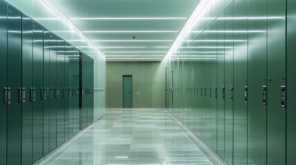 Modern, Minimalist Hallway with Lockers in a Contemporary Building Lit with Soft LED Lights, Showcasing Clean Lines and a Calming Atmosphere