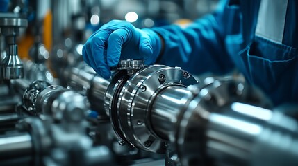 Fototapeta premium A close-up photograph of a gloved hand adjusting a sleek metallic pipe joint, surrounded by advanced tools and components in a bright, high-tech workshop, reflective lighting creating a polished,
