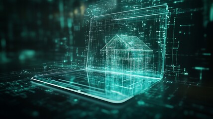 A digital representation of a house emerging from a laptop, symbolizing technology in real estate.