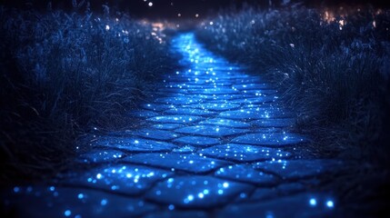 Fototapeta premium A serene pathway illuminated by sparkling blue lights, surrounded by lush grass at night.