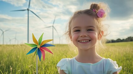 Happy Little Girl with Colorful Pinwheel Smiling in a Green Field Surrounded by Wind Turbines Under Bright Blue Sky with Fluffy Clouds