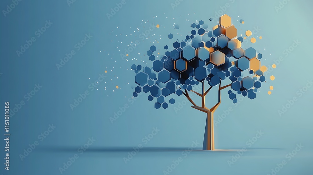 Poster abstract tree with hexagon leaves, digital art.