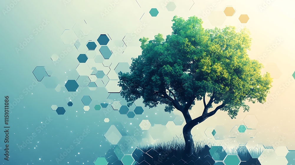 Poster lush green tree with abstract hexagons.